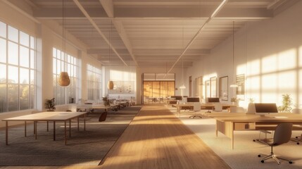 Obraz premium Wide shot of a spacious open office with bright lighting, minimalist decor, and collaborative workspaces