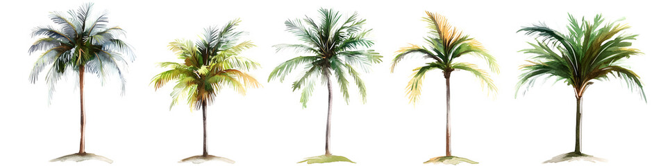Fototapeta premium Set of various beautiful watercolour tropical palm trees isolated on transparent background.&nbsp;