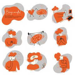 Being mindful | set of illustrations depicting people in actions related to Mindfulness, gratitude, mind and heart connection, pranayama and distraction from digital media.