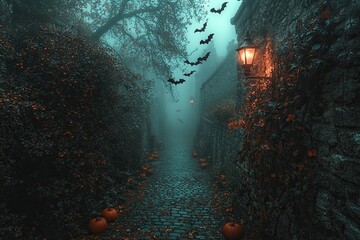 Halloween background with cobblestone street in the fog. 3d render