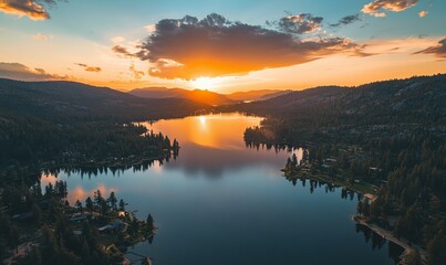 Fototapeta premium Aerial view of Lake Mirror at sunset with