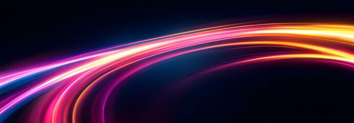 Lines in the shape of a comet against a dark background. Vortex streams of neon light. Magic of moving fast lines. Neon Color Blurred Motion On Speedway.