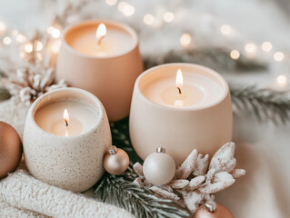 Cozy Christmas Candle Arrangement: A close-up of an arrangement of soft-colored candles, surrounded by festive greenery and delicate ornaments, glowing softly against a cozy background.