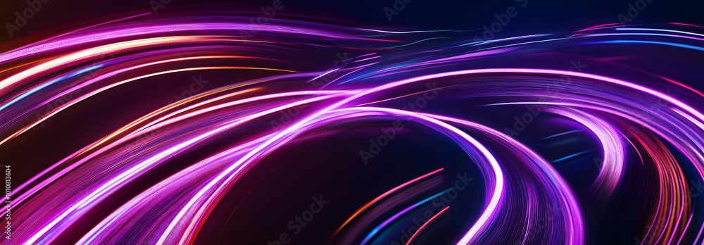 Aufkleber Big data traffic visualization, dynamic high speed data streaming traffic. Neon color glowing lines background, high-speed light trails effect. Purple glowing wave swirl, impulse cable lines.