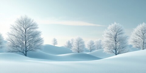 Tranquil Winter Landscape with Frosted Trees and Gentle Snow-Covered Hills