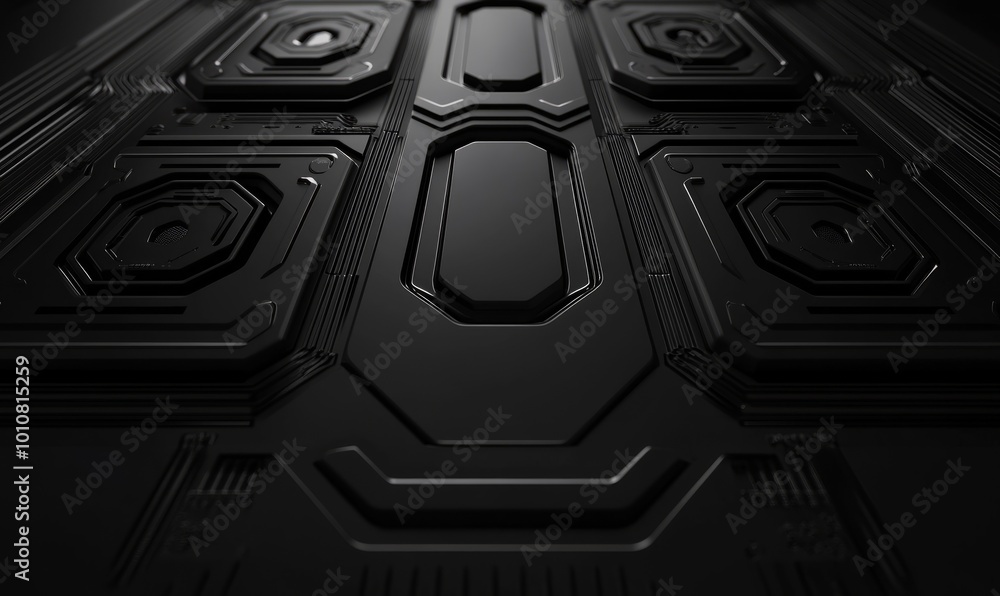 Poster black, tech background with a geometric 3d structure. dark, minimal design with simple futuristic fo