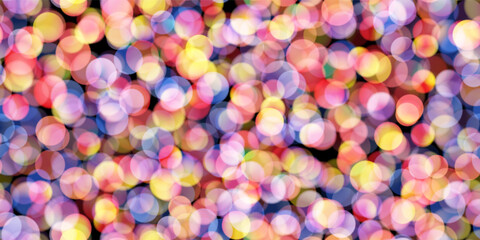 Yellow, pink and purple sequin on dark bg as neon bokeh seamless pattern. Bright, festive background with overlay texture. Vector illustration