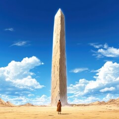 Majestic monolith rises under azure skies in a tranquil desert landscape at dusk