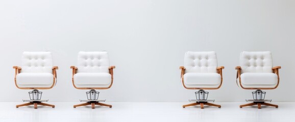 Four white chairs are lined up against a white wall