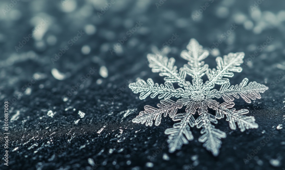 Poster minimalist close-up of a single snowflake on a dark surface, with intricate details and soft shadows