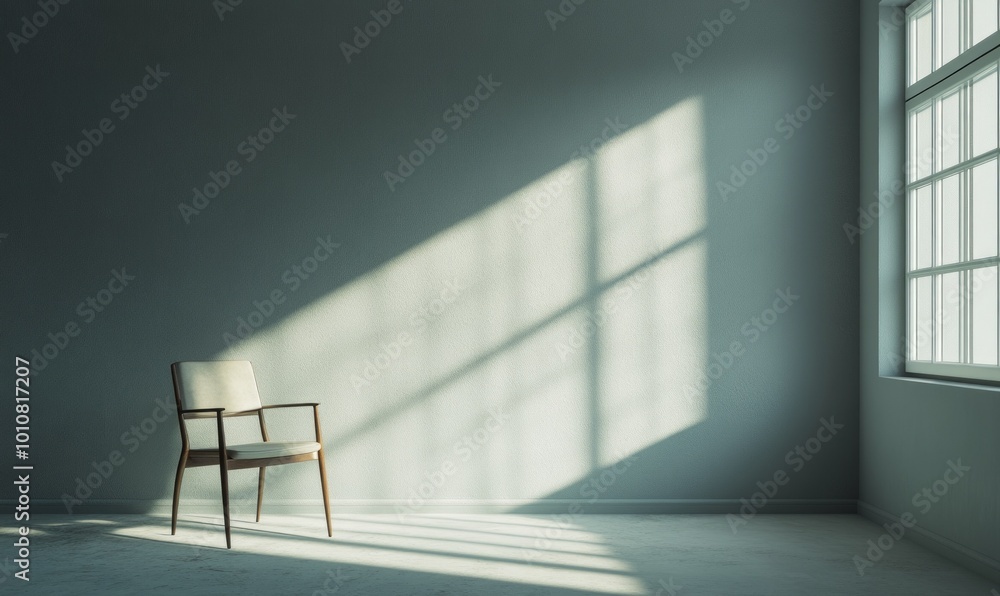 Poster minimalist scene of a single chair in an empty room, with soft light from a nearby window creating a