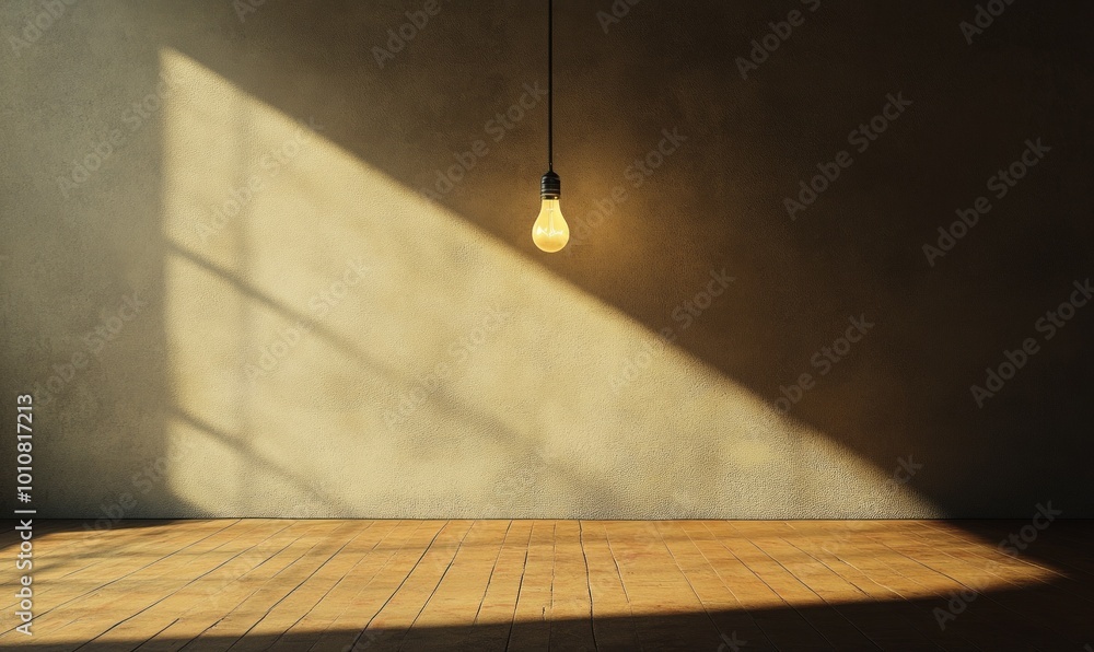 Poster minimalist scene of a single light bulb hanging from a simple wire in an empty room, casting a soft,