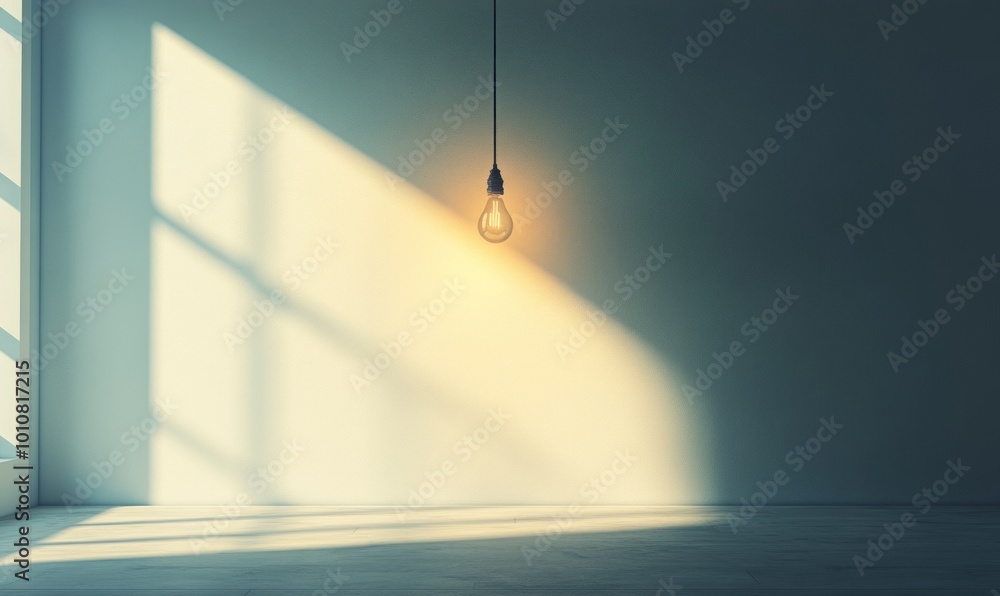 Poster minimalist scene of a single light bulb hanging from a simple wire in an empty room, casting a soft,