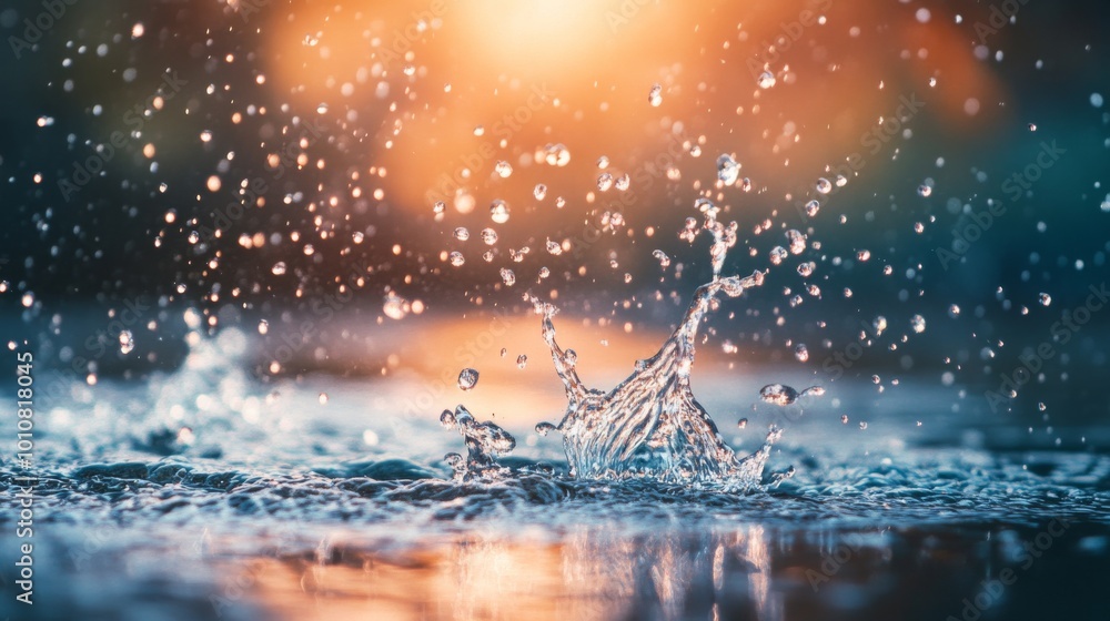 Poster beautiful water splash in mid-air against a backdrop of vibrant bokeh, illuminated by warm sunlight.