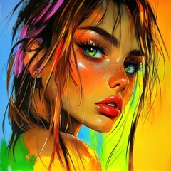 Fototapeta premium Vibrant portrait of a young woman with colorful hair and striking green eyes