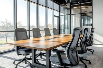 Conference room with table, gray office chairs, and large windows. Generative AI.