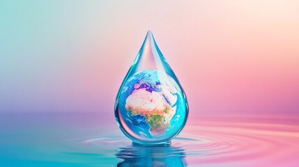 Fototapeta premium Earth captured in a water droplet, symbolizing the fragility of our planet, reflecting a serene gradient background that highlights environmental awareness and beauty.