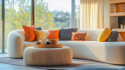 Cozy Living Room, Modern Interior Design, Warm Toned Decor, Soft Curved Furniture, Scandinavian Style, Minimalist Comfort, Relaxing Lounge Space, Bright Natural Lighting, generativeAi illustration