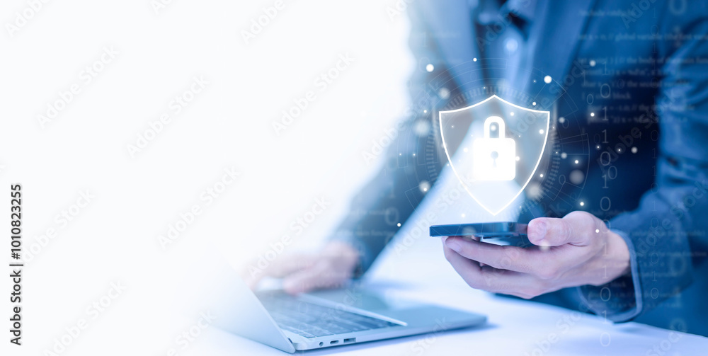 Poster cyber security system, safe digital information. cybersecurity concept, which is secure from attack 
