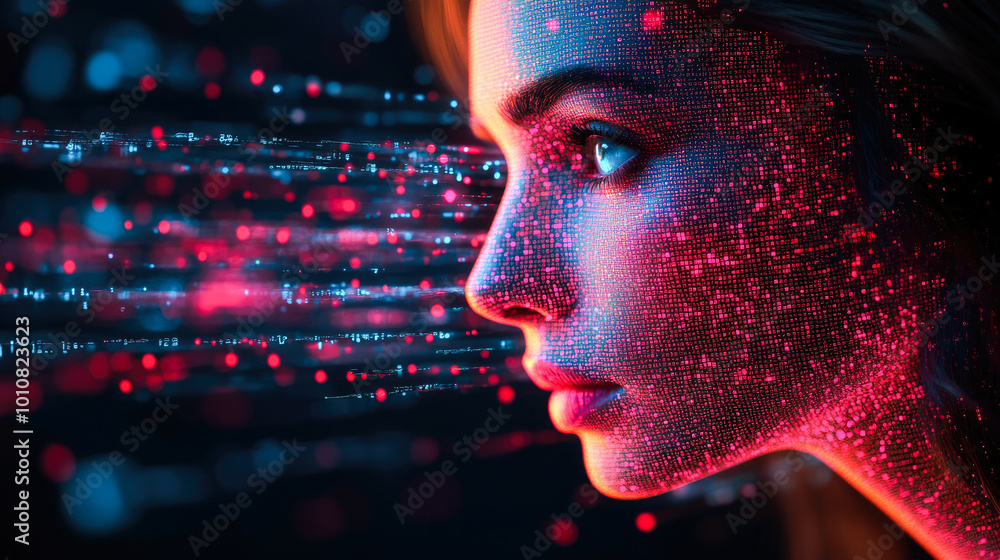 Poster a woman's profile is illuminated by red digital streams of data, suggesting advanced technology and 