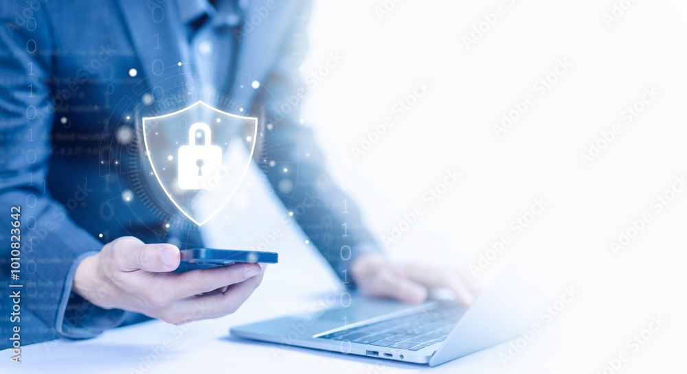 Poster cyber security system, safe digital information. cybersecurity concept, which is secure from attack 