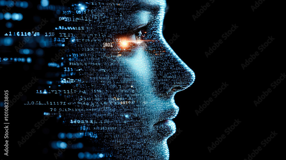 Aufkleber a digital profile composed of glowing blue data streams and numbers creates a technological and futu