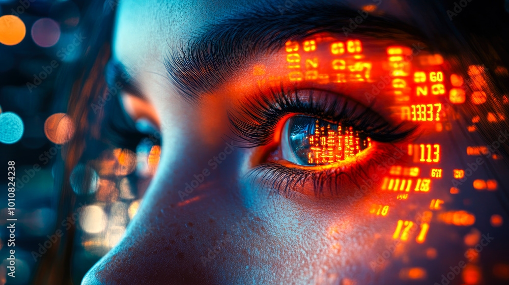 Poster close-up of an eye reflecting a digital glow with symbols representing technology and data, surround