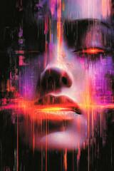 A striking digital portrait showcasing glitch effects on a face, alive with dynamic neon lights and...