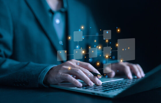 algorithm diagram flow on a computer laptop. hierarchy scheme, model work structure digital. concept of design workflow automation with flowcharts, business processes, and data management organigram