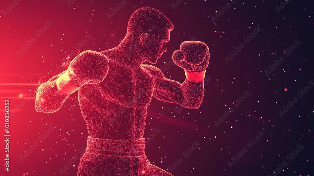 Poster a dynamic illustration of a man boxer performing shadow boxing, created using lines, triangles, and 