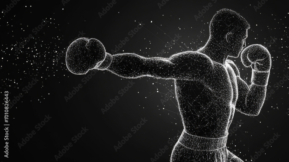 Poster a dynamic illustration of a man boxer performing shadow boxing, created using lines, triangles, and 