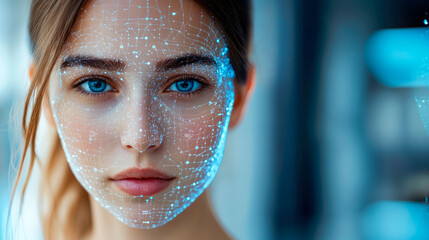A woman's portrait with a futuristic, luminous grid overlay, symbolizing technology's integration with humanity, glowing eyes.