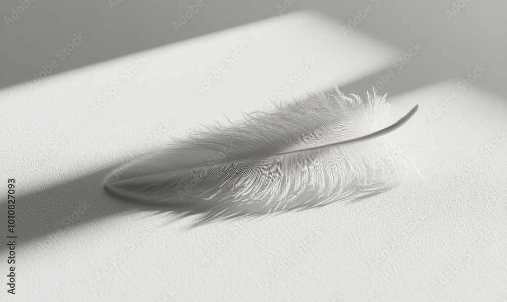 Poster minimalist close-up of a single feather lying on a smooth, white surface, with delicate shadows and 