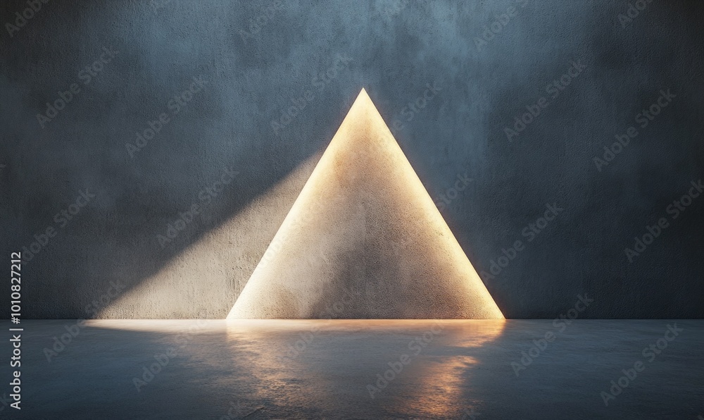 Poster minimalist geometric composition of a single triangle of light on a plain wall, with sharp lines and