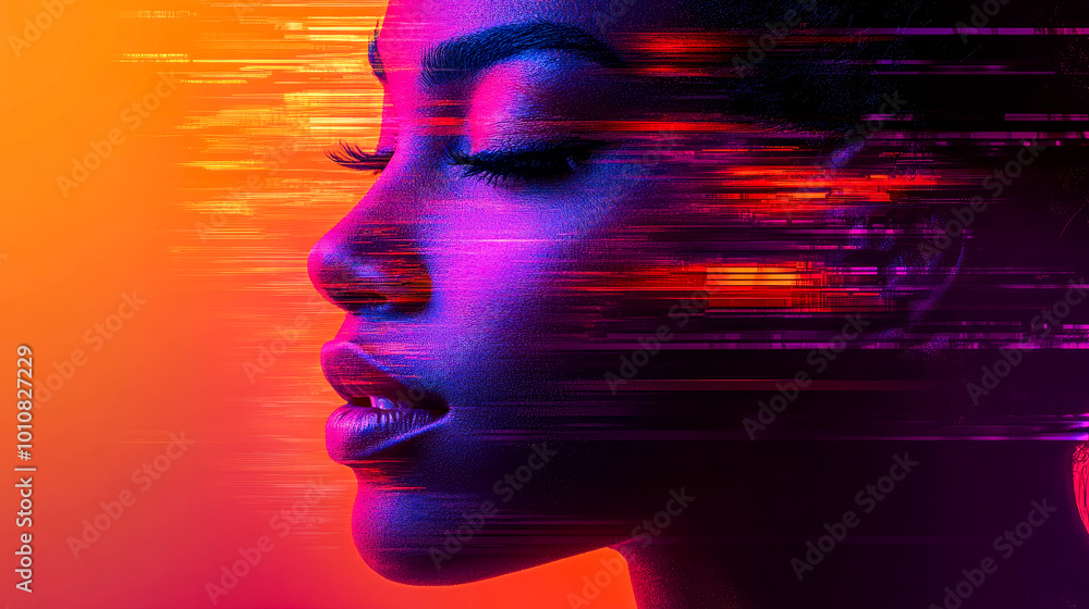 Poster a side profile with vibrant colors and distinct digital distortions conveying futuristic artistic ex