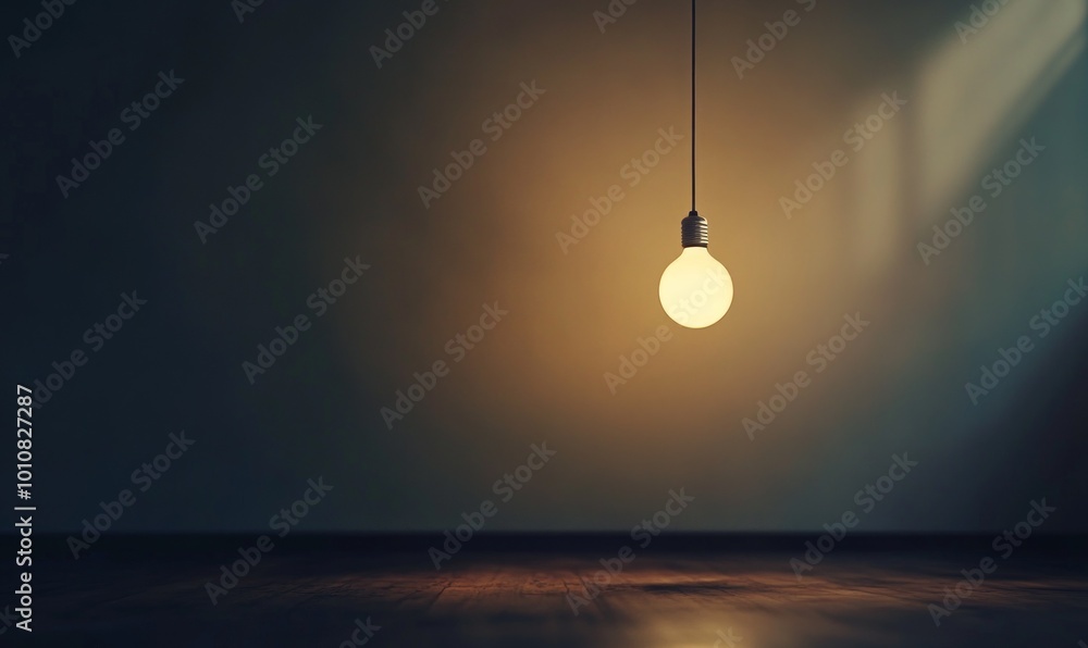 Poster minimalist scene of a single light bulb hanging from a simple wire in an empty room, casting a soft,
