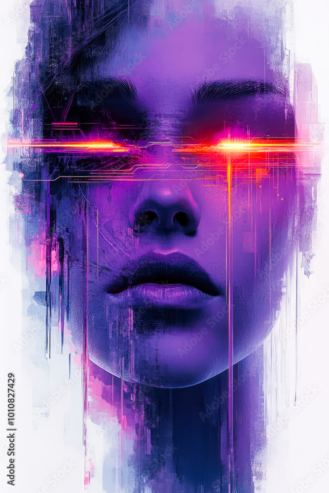 Poster conceptual art of a face with neon beams traversing it, signifying futuristic thought through cyber-
