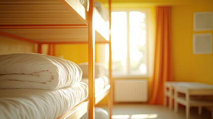A hostel dormitory room with wooden bunk beds.