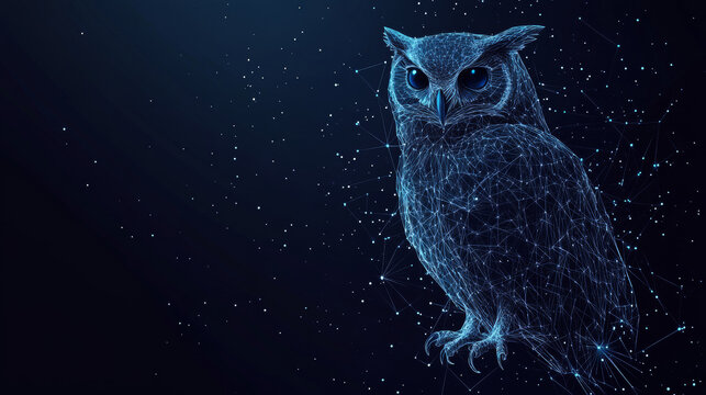 A low-poly wireframe of an owl, isolated on a dark background, with a polygonal design resembling a starry sky or space. The owl is formed from points, lines, and geometric shapes, with stars scattere