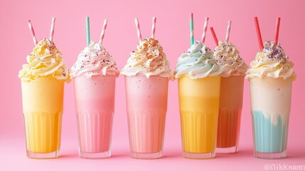 Colorful milkshakes with matching straws, lined up neatly, pink background with clear window light giving a soft glow