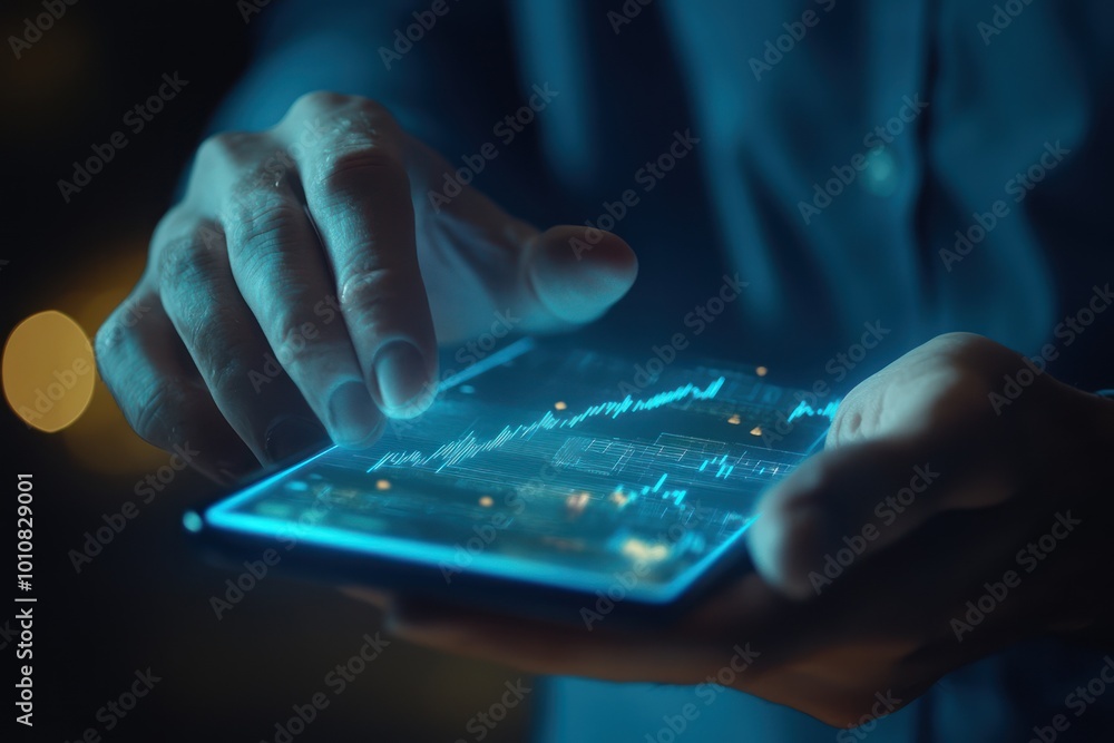 Poster hands using smartphone with stock market data