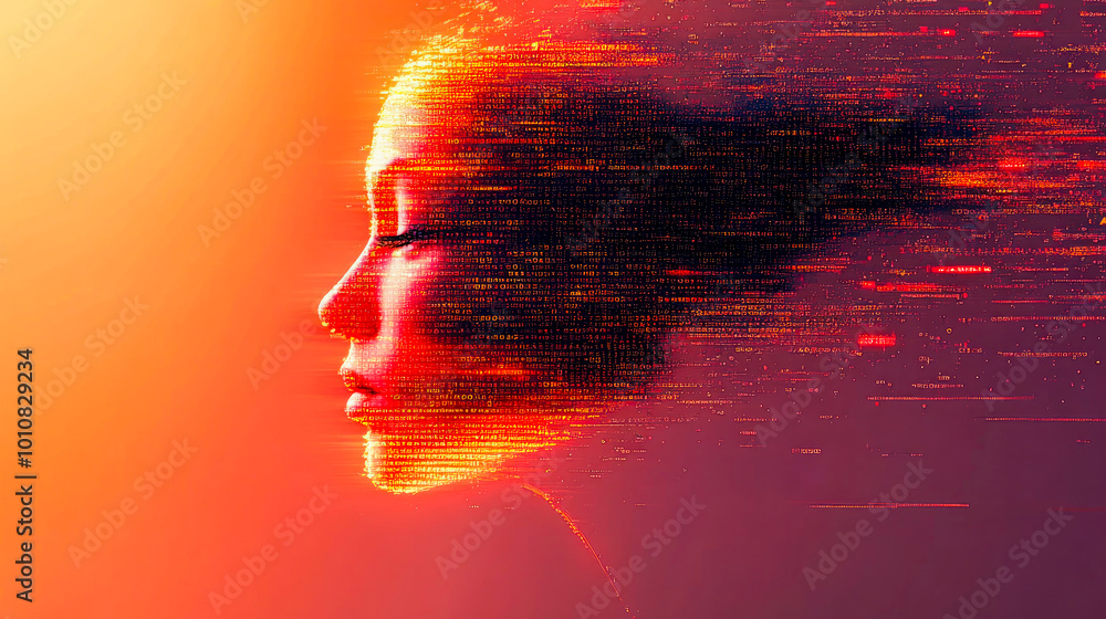Poster a digital face dissolving into vibrant pixels symbolizing technology's merging with human essence in