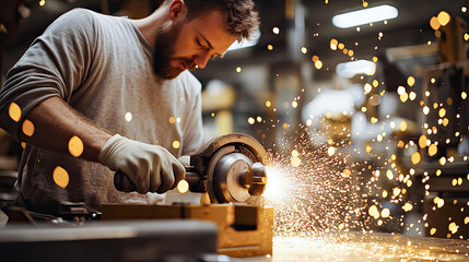 Metalworker Using Grinder Sparks Flying