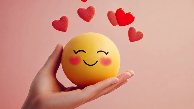 A happy, blushing smiley face is held in a hand with hearts floating above it against a pink background