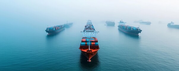 Cargo ships halted at a misty harbor due to trade restrictions, depicting a shipping blockade and importexport crisis