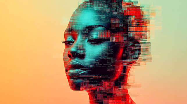 A vibrant digital art portrait of a woman with colorful pixelated elements, exploring the intersection of technology and identity.