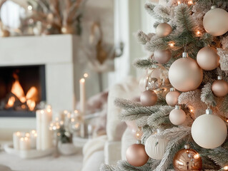Christmas Tree with Soft Pastel Lights: A beautifully decorated Christmas tree covered in pastel-colored lights, soft garlands, and delicate feminine ornaments, with softly glowing candles.