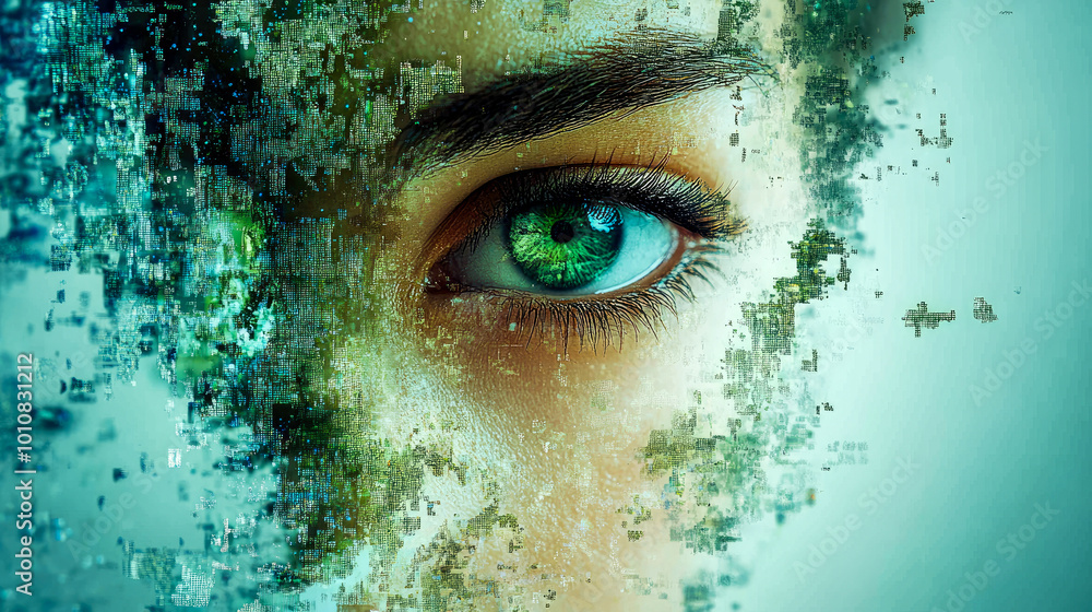 Poster a close-up digital artwork of an eye with matrix-like effects, exploring concepts of vision, technol