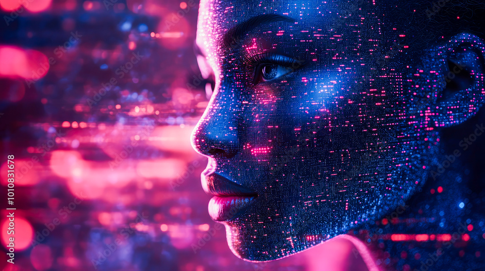Aufkleber a futuristic face with glowing neon elements, symbolizing ai and digital transformation in dynamic v