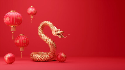 Obraz premium Golden snake, symbol of the 2025 New Year, on a red background with traditional Chinese lanterns. Minimalist design with copy space.